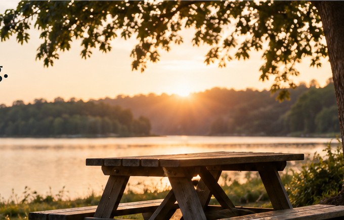 Picnic table in a quiet outdoor setting, suggesting an unhurried conversation